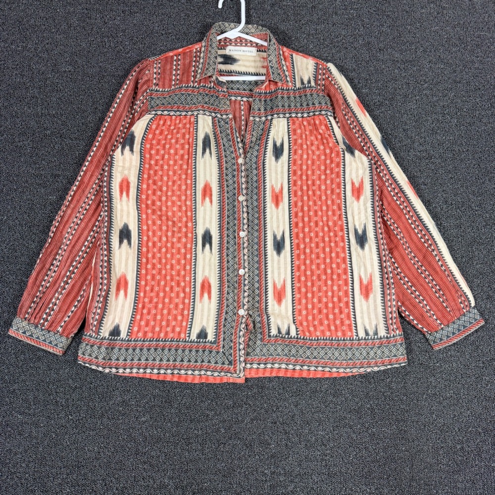 Maison Hotel Women's XL Red Boho Ikat Cotton Button Up Long Sleeve Shirt Blouse